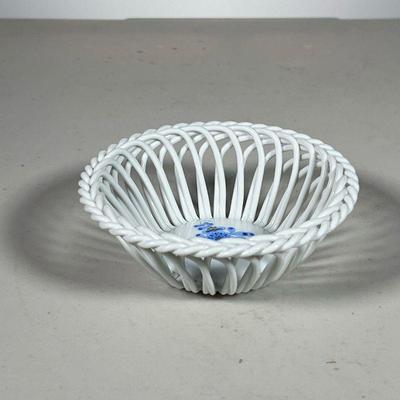 HEREND HUNGARY DISH | Herend Hungary small dish with open basket weave and blue flowers. - h. 1.5 x dia. 4.5 in

