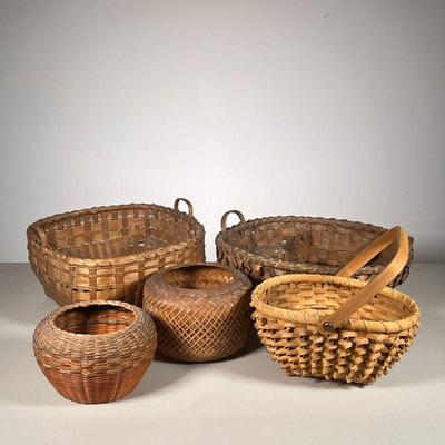 (5PC) NATIVE AMERICAN BASKETS | Including: (1) Large Ribbon Sewing Basket with Rose bands, notched handles, inner storage box; (1) Square...
