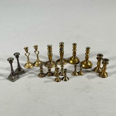 MINIATURE BRASS & OTHER CANDLESTICKS | Includes 9 pairs of miniature candlesticks, smallest less than 1inch tall. - h. 1.75 in...