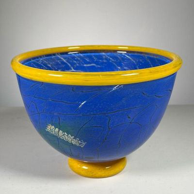 GLASS BOWL - BLUE COLORATION | Glass bowl with crackled blue coloration and yellow on rim and base. Polished pontil. Signed illegibly on...