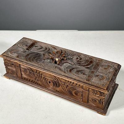 HEAVILY CARVED GLOVEBOX TUFTED SATIN INTERIOR | Missing key. - l. 12 x w. 4.5 x h. 3.5 in

