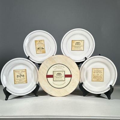 (4PC) RESTORATION HARDWARE LABELED WINE CHEESE PLATES | Chateau Christophe wine labeled plate, marked Restoration Hardware on back. -...