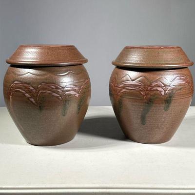 (2PC) PAIR ADAM FIELD ONGGI KOREAN POTTERY | Pair of 1-gallon traditional Korean Onggi vessels from Adam Fields Pottery with removable...