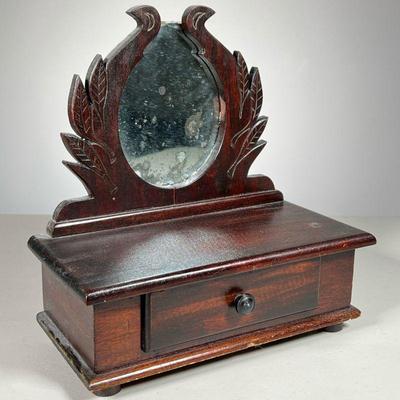 CARVED DRESSER BOX WITH MIRROR | Small size box with one drawer and carved mirrored. - l. 8.5 x w. 4.5 x h. 9 in

