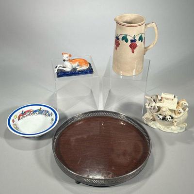 MIXED CERAMICS | Includes: Tiffany & Co Tiffany Race Cars Bowl, Noah’s Ark by Lenox, Staffordshire Dog, and floral decorated pitcher. -...