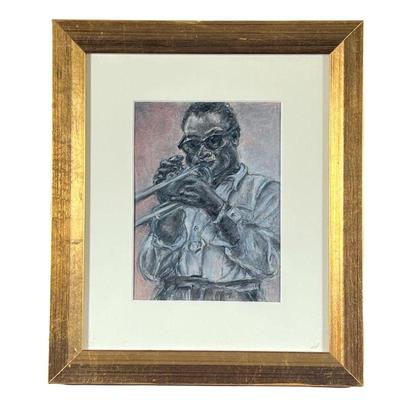 AMERICAN SCHOOL (20TH CENTURY) JAZZ ART | Titled “Trumpet Player”. Crayon on paper with wax finish . 5.75 x 7.75in sight. - l. 12 x h. 14...