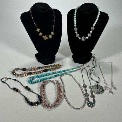 (10PC) MIXED LOT OF NECKLACES | Includes turquoise and other colorful stone necklaces and more. - l. 22 in (Longest)

