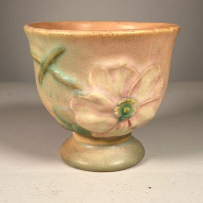 WELLER VASE | Small Vase with flower design in peach and green. Marked: Weller on bottom. - h. 4 x dia. 4.25 in

