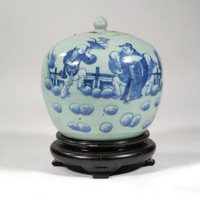 CHINESE BLUE & WHITE GINGER JAR | With a conforming carved wooden stand. - h. 8 x dia. 8.5 in (jar only)

