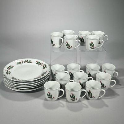 (22PC) CHRISTMAS PLATES & TEACUPS | Includes: 6 dinner plates and 16 teacups decorated with Holly and Berry, marked on bottom “Alco...