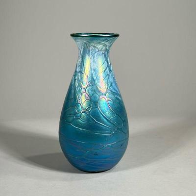 ART GLASS VASE | Iridescent blue art glass vase with a bright pink and green luster and a unique raised web pattern. Handcrafted blown...