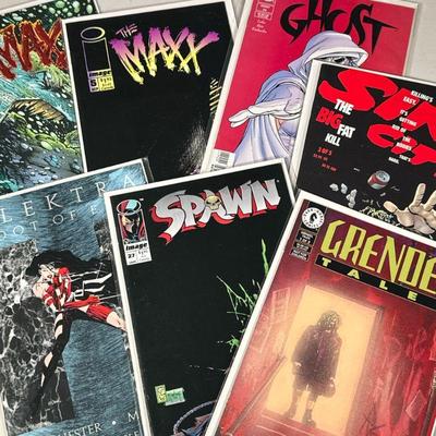 (7PC) MIXED LOT OF COMIC BOOKS | Featuring Maxx, Ghost, Sin City, Elektra Root of Evil, Spawn, & Grendel Tales. - l. 10 x w. 6.5 in

