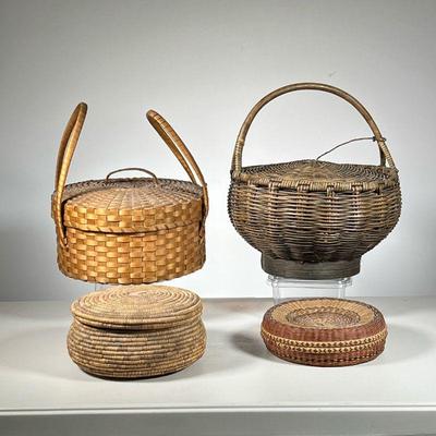 (4PC) VINTAGE BASKETS | Including: (1) Large Covered Basket with double handle; (1) Large Covered Basket with attached lid; (1) Covered...