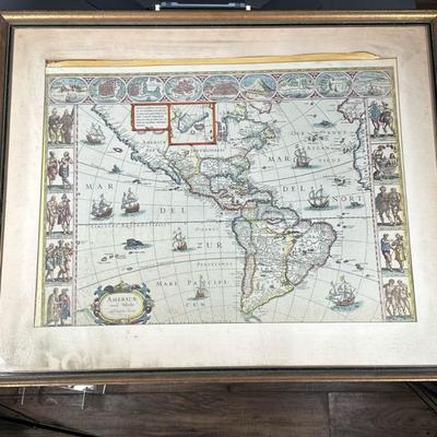 AMERICÆ NOVA TABULA MAP PRINT | Antique print of map showing Central & South America with various cities and peoples on border. 18.25 x...