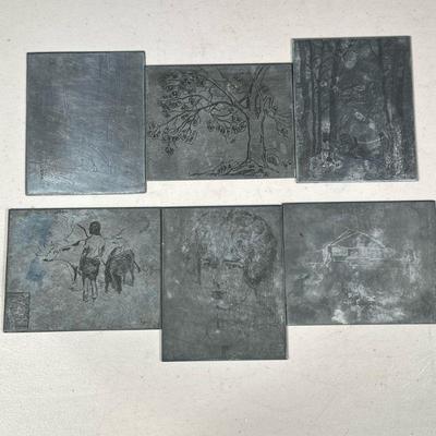 (6PC) ETCHED PRINTING PLATES | Set of 6 etched plates for lithograph printing showing animals, nature, and more. - l. 5 x w. 4 in

