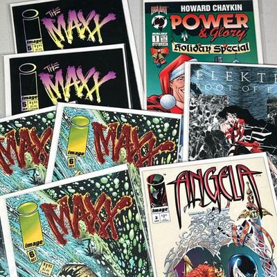(8PC) MIXED LOT OF VINTAGE COMIC BOOKS | Featuring multiple copies of Maxx, Power & Glory, Elektra Root of Evil, & Angela. - l. 10 x w....