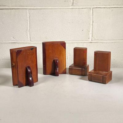 (4PC) WOODEN BOOK BOOKENDS | Two Pair of Carved Book-form Bookends. - l. 3.5 x w. 3.5 x h. 6 in

