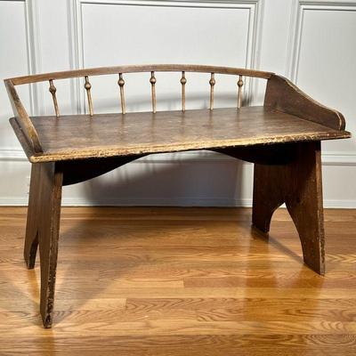 CARRIAGE SEAT BENCH | Antique wooden carriage seat turned into bench with turned wood back. - l. 36 x w. 18 x h. 24 in

