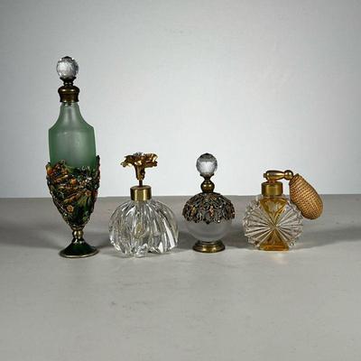 (4PC) DECORATIVE PERFUME BOTTLES | Cut glass and decorative perfume bottles. - h. 7 x dia. 2 in (largest)

