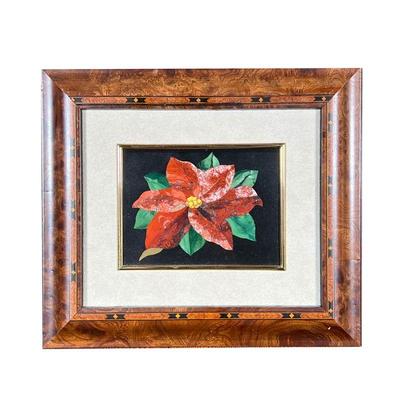 PITTI MOSAICI POINSETTIA PANEL | Framed Pietra Dura inlay poinsettia panel with gold border nicely framed. The Art of the Medici Family....
