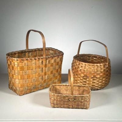 (3PC) PENOBSCOT NATIVE AMERICAN BASKETS | Lot includes: (1) Penobscot Tall Basket with dots. (1) Penobscot Basket with orange band (1)...