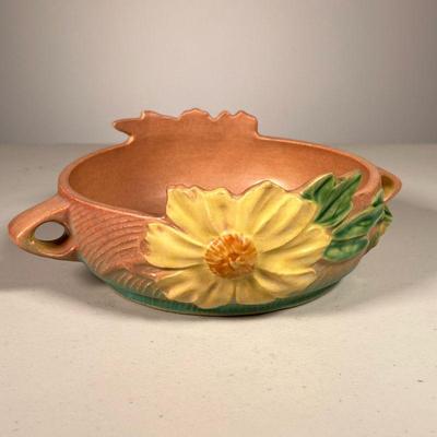 ROSEVILLE PLANTER | Having sunflower relief on both sides with 2 small handles, marked "Roseville / USA / 428-6" on bottom. -...
