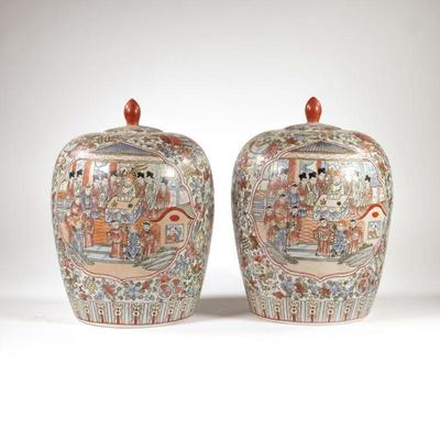 PAIR CHINESE GINGER JARS | Each extensively decorated with scenes. - h. 12.5 x dia. 9.5 in (each)

