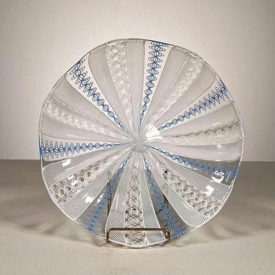 ART GLASS PLATE | Plate has blue & white lacing design on clear. Blown glass with polished pontil. - h. 1.5 x dia. 9.5 in

