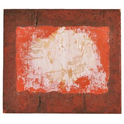 MODERNIST SCHOOL PAINTING ON CORK | Red abstract. Mixed media on cork on board. No apparent signature. - w. 13.5 x h. 12 in

