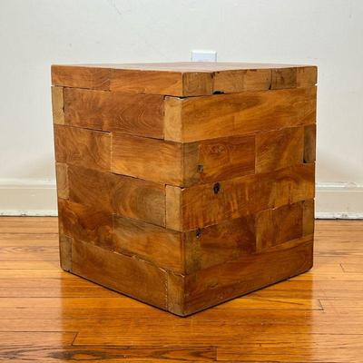 RUSTIC CUBE WOOD SIDE TABLE | A very unique reclaimed wood board cube form side or occasional table - l. 15.75 x w. 15.75 x h. 17.75 in

