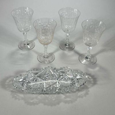 (5PC) CUT WINE GLASSES & MORE | Includes: 4 blown & cut wine glasses with floral pattern and cut crystal bowl. - h. 7.75 x dia. 3.5 in

