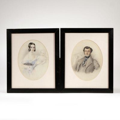 (2PC) NOEL CARTER (19TH CENTURY) | Portrait of husband and wife with baby. Mixed media on paper. Male portrait pencil signed and dated...
