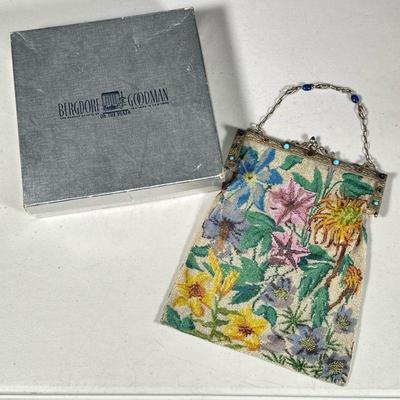 (1PC) VICTORIAN MICRO BEADED FLORAL CLUTCH | Silver framed, embellished with colored stones. Short silver chain. Light blue fabric...