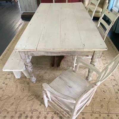 Antique Dining Room Table with Bench and Chairs 