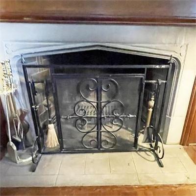 Lot 040   
Wrought Iron Folding Fireplace Screen With Tools
