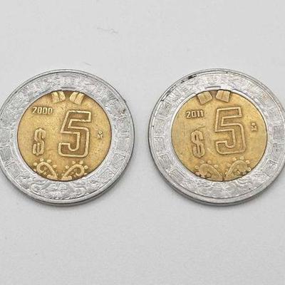 #1704 • (2) 2000 & 2011 Mexico $5 Peso Coins
