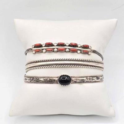 #902 • (3) Sterling Silver Cuffs with Black Onyx & Coral
