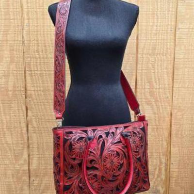 #1806 • Vibrant Red Leather Floral Pattern Virginia Tote Bag
