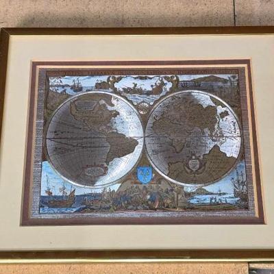 #2612 • Vintage Framed Foil Map of the World by Intercraft Industries
