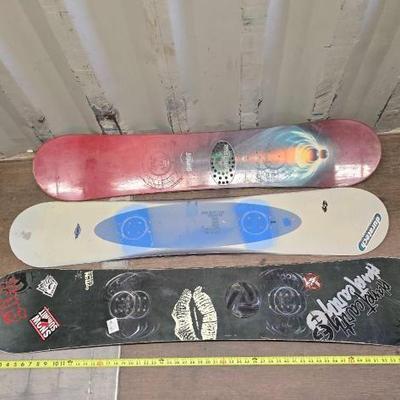#4124 • (3) Snowboards, Snowboard Boot Bindings, Surf Gear,
