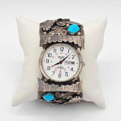 #912 • Sterling Silver Sharp Quartz Railroad Watch Cuff with Turquoise and Coral, 93.75g

