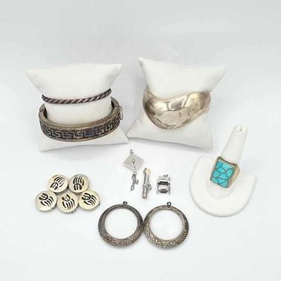 #916 • Sterling Silver Cuff Bracelets, Pendants, Buttons and Ring with Turquoise, 143.58g
