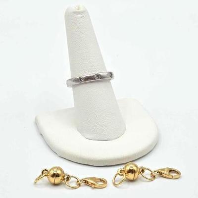 #908 • Sterling Silver Diamond Ring & (2) Gold Dipped Magnetic Clasp Converters, 5.75g
