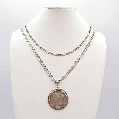 #904 • (2) Sterling Silver Chain Necklaces with 1921 Morgan Silver Dollar Pendant, 89.71g
