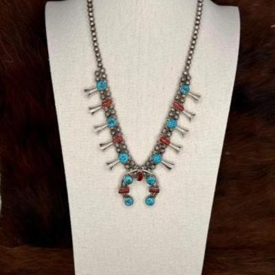 #718 • Native American Sterling Silver Turquoise &amp; Coral Squash Blossom, 68g
