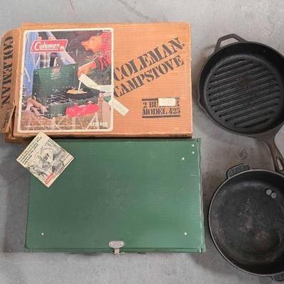 #2636 • Coleman Campstove & Cast Iron Skilled and Dutchoven
