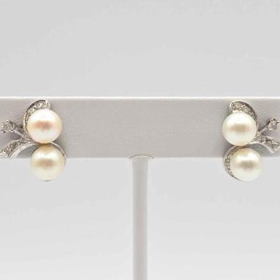 #764 • 14K White Gold Diamond & Pearl Screw-On Earrings, 7.34g
