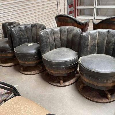 #2020 • (4) Leather Wooden Barrel Chairs
