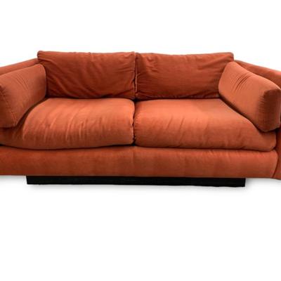 #79 • Vintage Velvet Orange/Red Sofa w/ Black Wood Platform
WWW.LUX.BID