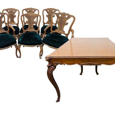 #28 • Vintage French Provincial Dining Table, 6 Upholstered Chairs, and Two Leaves, Carved Detail
WWW.LUX.BID